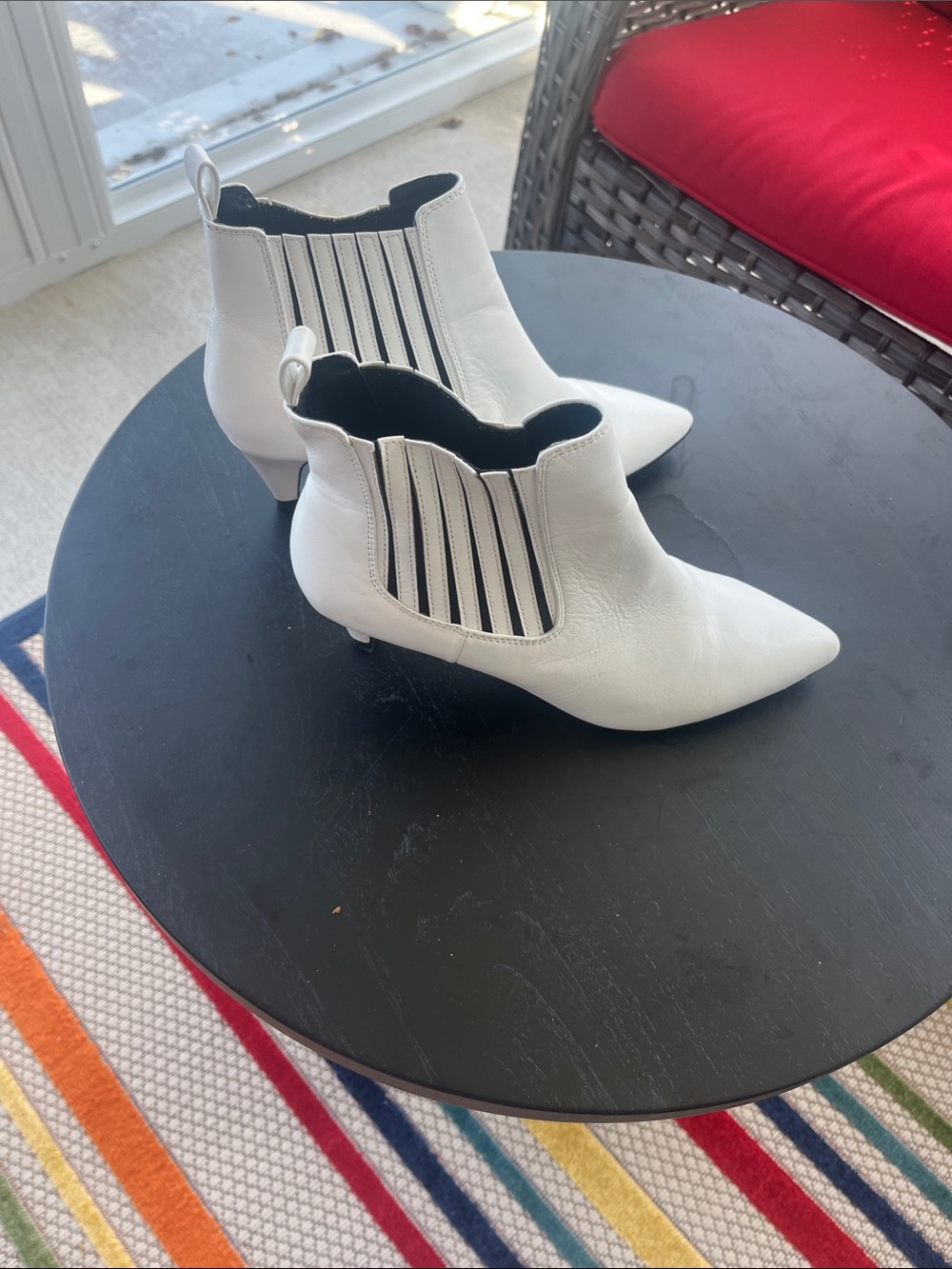 Pointed White Chelsea Ankle Booties with Elastic Panels